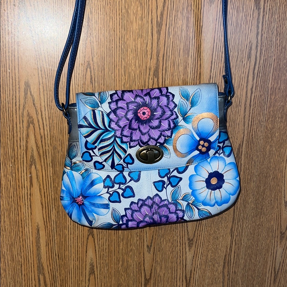 Anuschka Artistic Shoulder Bag with Blue and Purple Floral Design